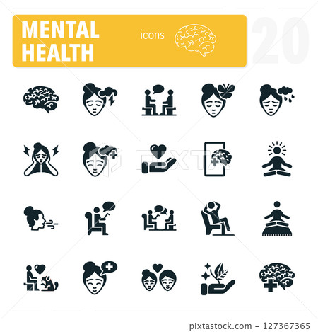Mental health silhouette icon set featuring people experiencing mental health challenges and seeking help 127367365