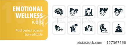 This set of vector icons represents people managing their mental health through various methods 127367366