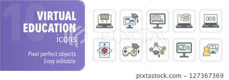 Virtual education set with online courses, video tutorials, distance learning, and gamification icons Virtual education set with online courses, video tutorials, distance learning, and gamification icons 127367369