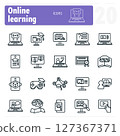Online learning icon set featuring students and teachers using technology for education 127367371