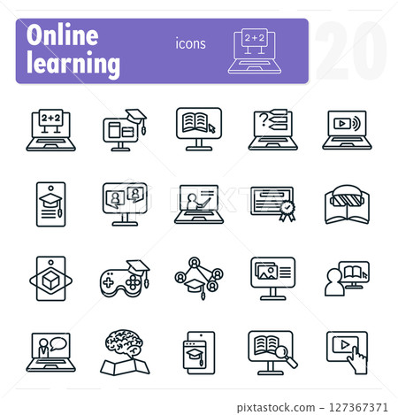 Online learning icon set featuring students and teachers using technology for education 127367371