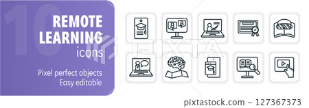 Set of remote learning icons showing online education, digital diploma, learning, video lesson and more 127367373
