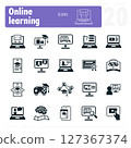 Online learning icons featuring students studying with laptops and mobile devices 127367374