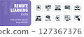 Remote learning and online education icon set featuring students learning using laptops and mobile devices 127367376
