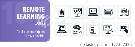 Remote learning and online education icon set featuring students learning using laptops and mobile devices 127367376
