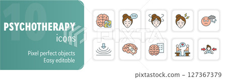 Psychotherapy, psychology, mental health disorder treatment line icons set. Editable stroke Psychotherapy, psychology, mental health disorder treatment line icons set. Editable stroke 127367379