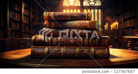 Stack of Old Leather Books on a Wooden Table in an Ancient Library - Generative Ai 127367687