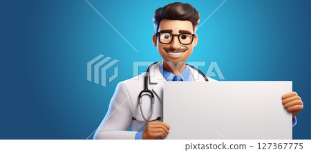 Smiling Cartoon Character of a Doctor Holding a Blank Sign - Generative Ai 127367775