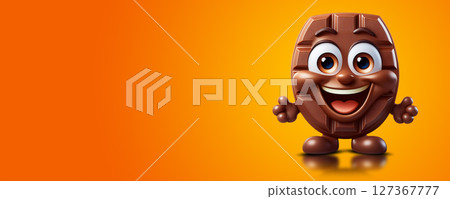 Smiling Chocolate Cartoon Character on Yellow-Orange Background - Generative Ai 127367777