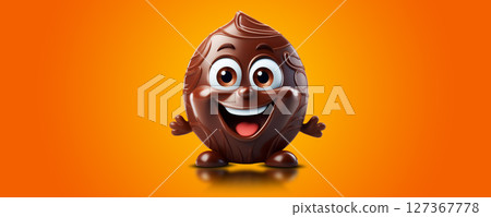 Smiling Chocolate Cartoon Character on Yellow-Orange Background - Generative Ai 127367778