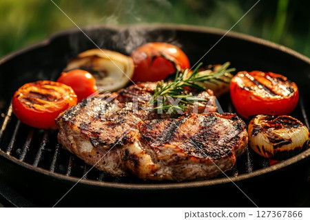 Grilled steak and vegetables cooking on a hot grill 127367866