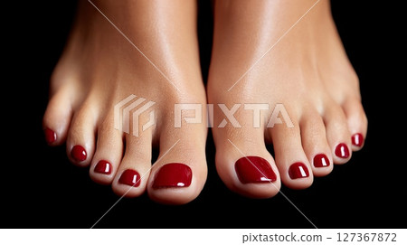 Close-up of well-groomed feet with red nail polish against a dark background showcasing beauty 127367872