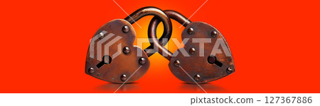 Two Rusty Padlocks Linked Together Isolated on Red Background - Generative Ai Two Rusty Padlocks Linked Together Isolated on Red Background - Generative Ai 127367886