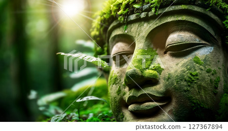 Stone Sculpture Covered with Moss and Leaves in a Green Forest - Generative Ai 127367894