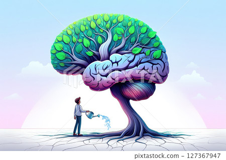 Person watering a large, tree-like brain with green leaves, symbolizing mental growth and knowledge. Man splashes the tree using a sprinkling can, taking care of cognitive health. Human mind concept 127367947