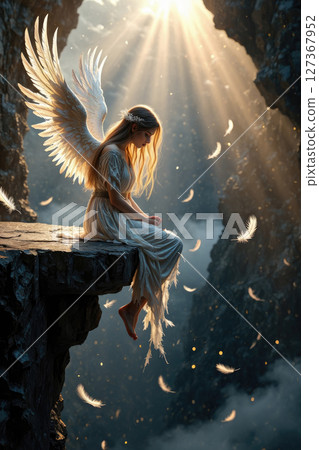 Ethereal angelic figure with large white wings sits contemplatively on a cliff edge. Golden rays of light stream down, illuminating falling feathers, and revealing a vast, misty chasm below 127367952