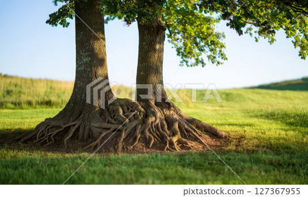 Two trees with massive, intertwined roots stand prominently in a vibrant green field under a clear sky. Symbol of strong connection and partnership, teamwork concept Two trees with massive, intertwined roots stand prominently in a vibrant green field under a clear sky. Symbol of strong connection and partnership, teamwork concept 127367955