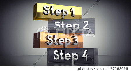 Step 1, 2, 3 and 4 - words on metal blocks - 3D illustration Step 1, 2, 3 and 4 - words on metal blocks - 3D illustration 127368086
