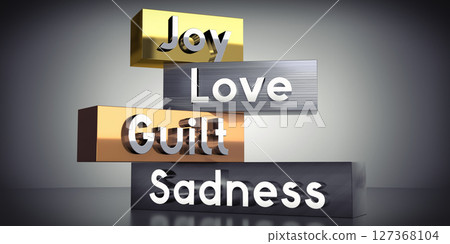 Joy, love, guilt, sadness - words on metal blocks - 3D illustration Joy, love, guilt, sadness - words on metal blocks - 3D illustration 127368104