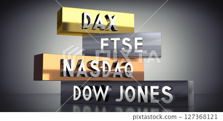 DAX, FTSE, NASDAQ, DOW JONES - words on metal blocks - 3D illustration 127368121