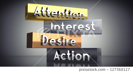 Attention, interest, desire, action - words on metal blocks - 3D illustration Attention, interest, desire, action - words on metal blocks - 3D illustration 127368127