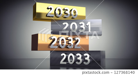2030, 2031, 2032, 2033 - words on metal blocks - 3D illustration 127368140
