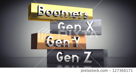 Boomers, Gen X, Gen Y, Gen Z - words on metal blocks - 3D illustration Boomers, Gen X, Gen Y, Gen Z - words on metal blocks - 3D illustration 127368171