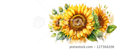 Watercolor Illustration of a Bunch of Vibrant Yellow Petaled Sunflowers - Generative Ai 127368206