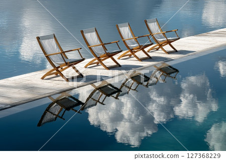 Wooden lounge chairs lined up by tranquil pool reflecting clouds and blue sky 127368229
