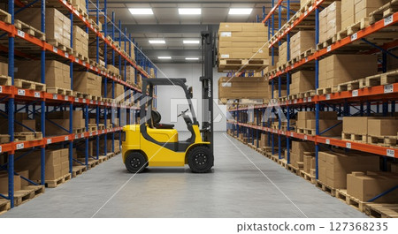 Forklift handling cardboard boxes on pallets in warehouse 127368235