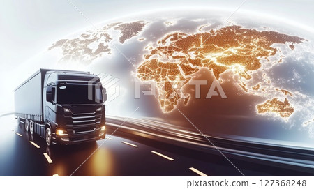 Delivery truck driving on highway with illuminated world map in background showcasing logistics 127368248