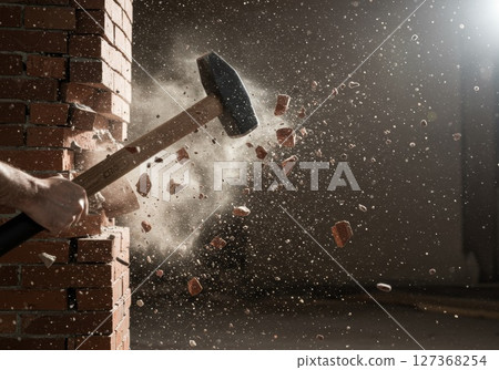 Sledgehammer striking brick wall, debris flying, showcasing power and destruction in action 127368254