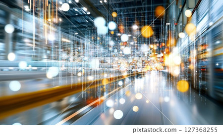 Abstract motion blur of illuminated industrial space with vibrant bokeh effects and dynamic energy 127368255