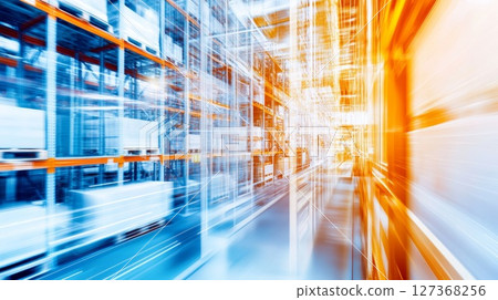 Warehouse interior with blurred motion effect showcasing storage racks and organized inventory space 127368256