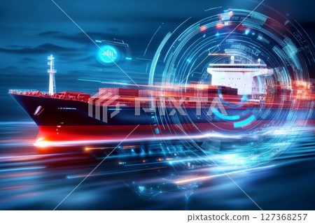 Container ship navigating through digital ocean with futuristic technology and motion effects 127368257