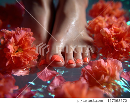 Close-up of manicured feet surrounded by vibrant flowers in a serene water setting 127368270