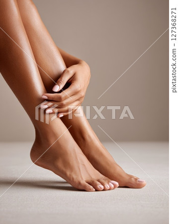 Beautiful woman gently holding her legs while sitting on a soft surface in a serene environment 127368271