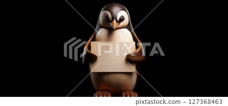Wooden Penguin Holding a Blank Sign Isolated on Black Background - Generative Ai 127368463