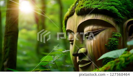 Wooden Sculpture Covered with Moss and Leaves in a Green Forest - Generative Ai 127368464