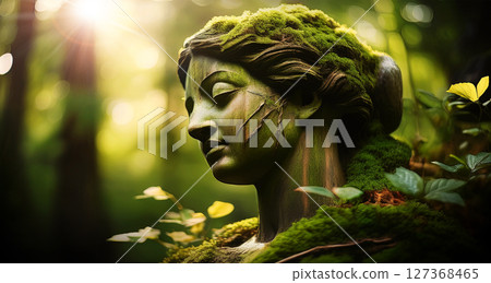 Wooden Sculpture Covered with Moss and Leaves in a Green Forest - Generative Ai 127368465