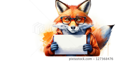 Watercolor Illustration of a Red Fox Wearing Glasses Holding a Blank Sign - Generative Ai 127368476