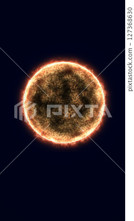 Glowing star surface with radiant plasma and magnetic storms on a dark cosmic background, depicting a detailed view of a sun-like celestial body 127368630