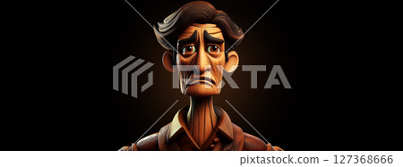 Wooden Sculpture of a Man with a Sad Face Isolated on Black Background - Generative Ai 127368666