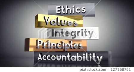 Ethics, values, integrity, principles, accountability - words on metal blocks - 3D illustration 127368791
