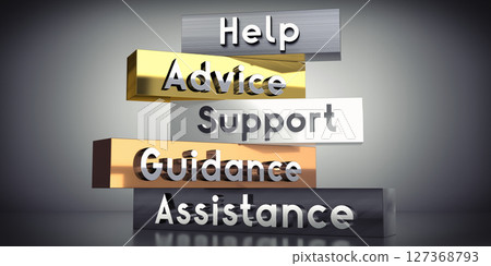 Help, advice, support, guidance, assistance - words on metal blocks - 3D illustration 127368793