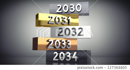 2030, 2031, 2032, 2033, 2034 - words on metal blocks - 3D illustration 127368805
