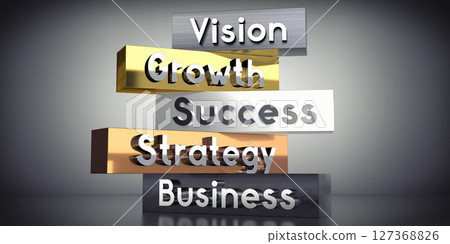 Vision, growth, success, strategy, business - words on metal blocks - 3D illustration 127368826
