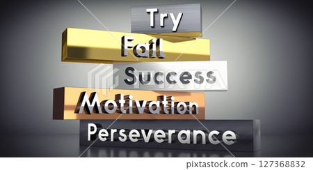 Try, fail, success, motivation, perseverance - words on metal blocks - 3D illustration 127368832