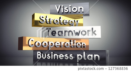 Vision, strategy, teamwork, cooperation, business plan - words on metal blocks - 3D illustration 127368836
