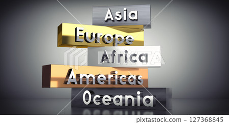 Asia, Europe, Africa, Americas, Oceania - words on metal blocks - 3D illustration Asia, Europe, Africa, Americas, Oceania - words on metal blocks - 3D illustration 127368845